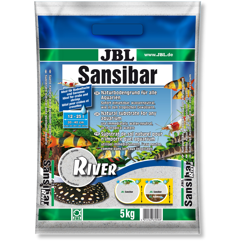 JBL - Sansibar RIVER 5 kg - 0,8 mm - Fina čista zemlja, posejana z majhnimi črnimi kamenčki za akvarije