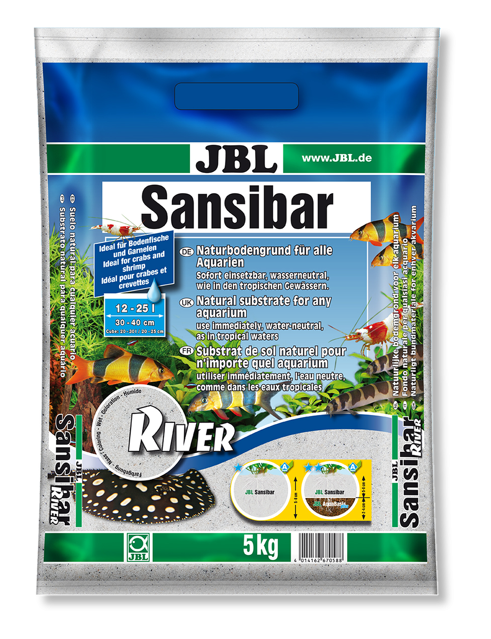 JBL - Sansibar RIVER 5kg - 0.8mm - Substrat de sol clair fin, parsemé de petites pierres noires pour aquariums