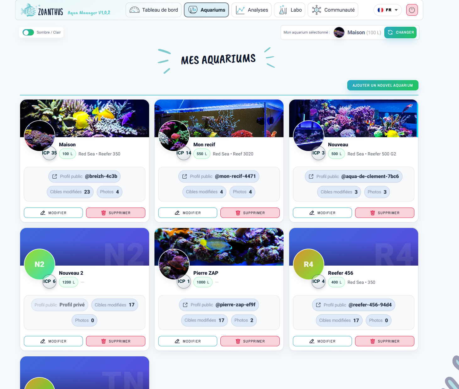 Aqua Manager Ansicht mit den Aquarien des Kunden